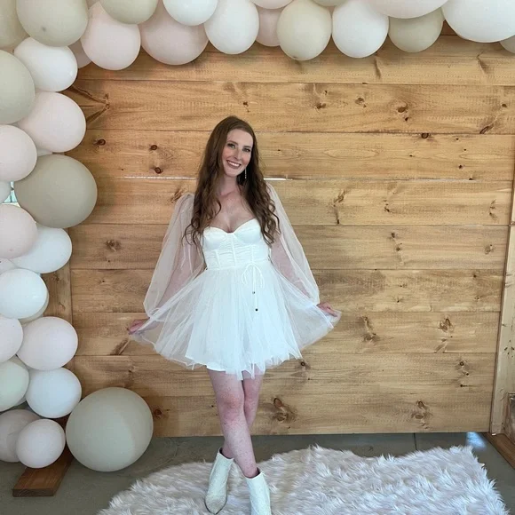 FAIRYTALE DREAM SHEER SLEEVE MINI DRESS WHITE - Picture 4 of 6